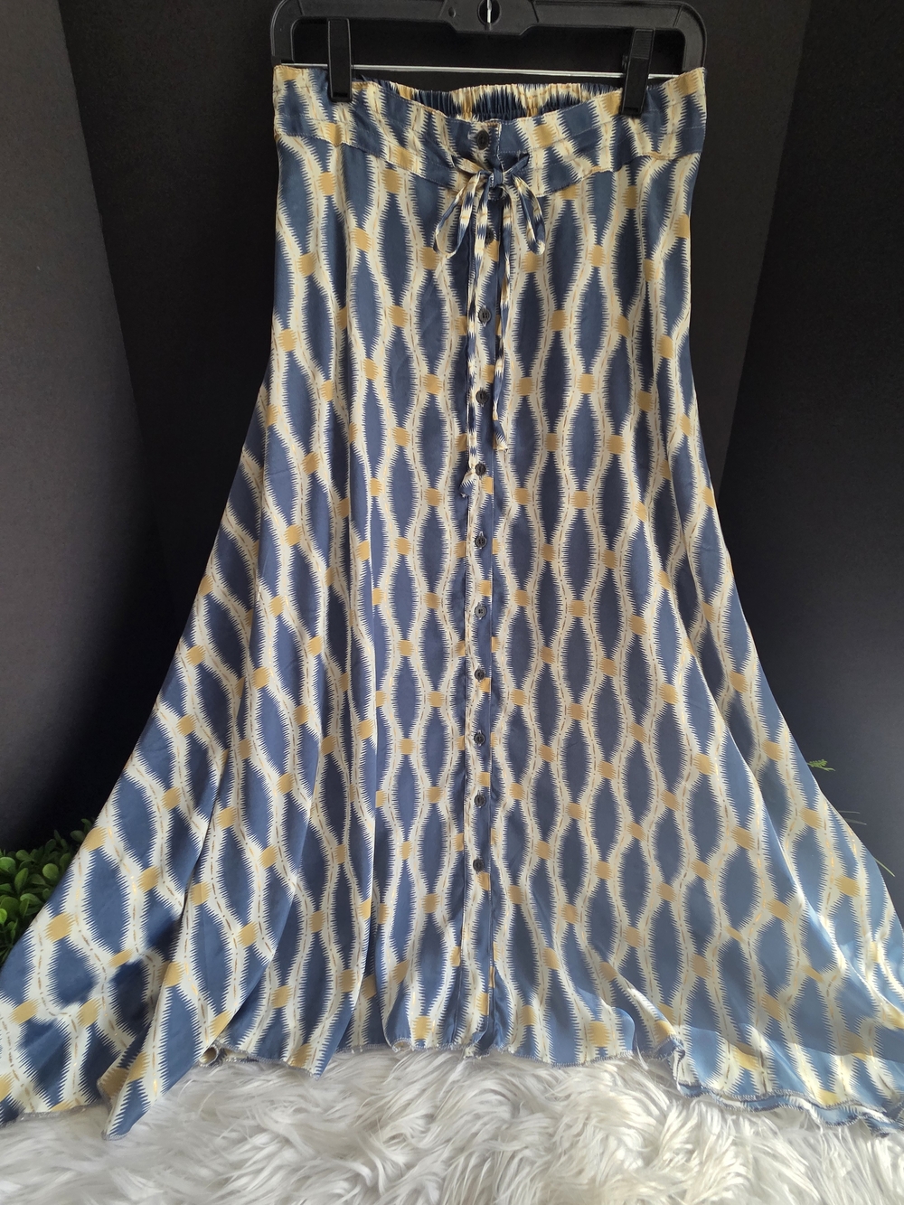 Blue, Cream and Gold Geometric Button-Front Maxi Skirt with Tie Waist. Size M